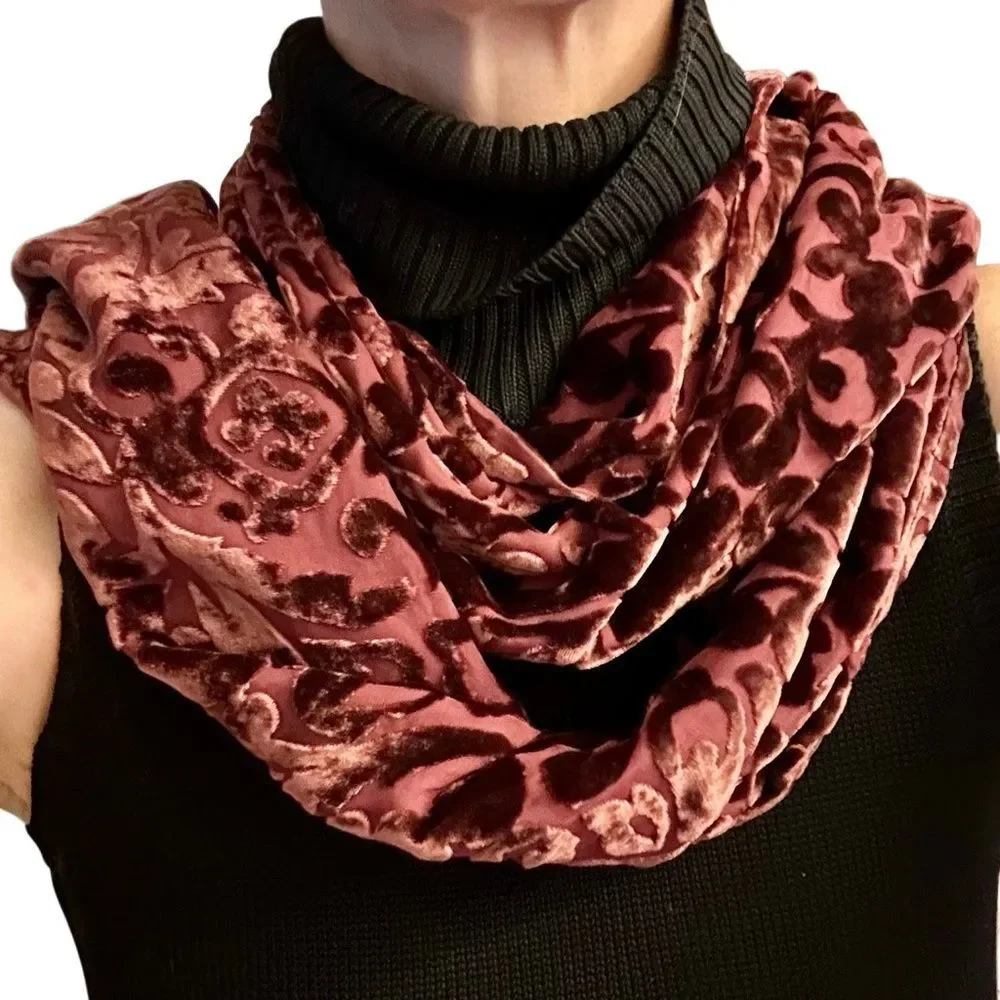 Vintage Velvet Burnout Scarf Wine burgundy Classic Boho Equestrian Timeless